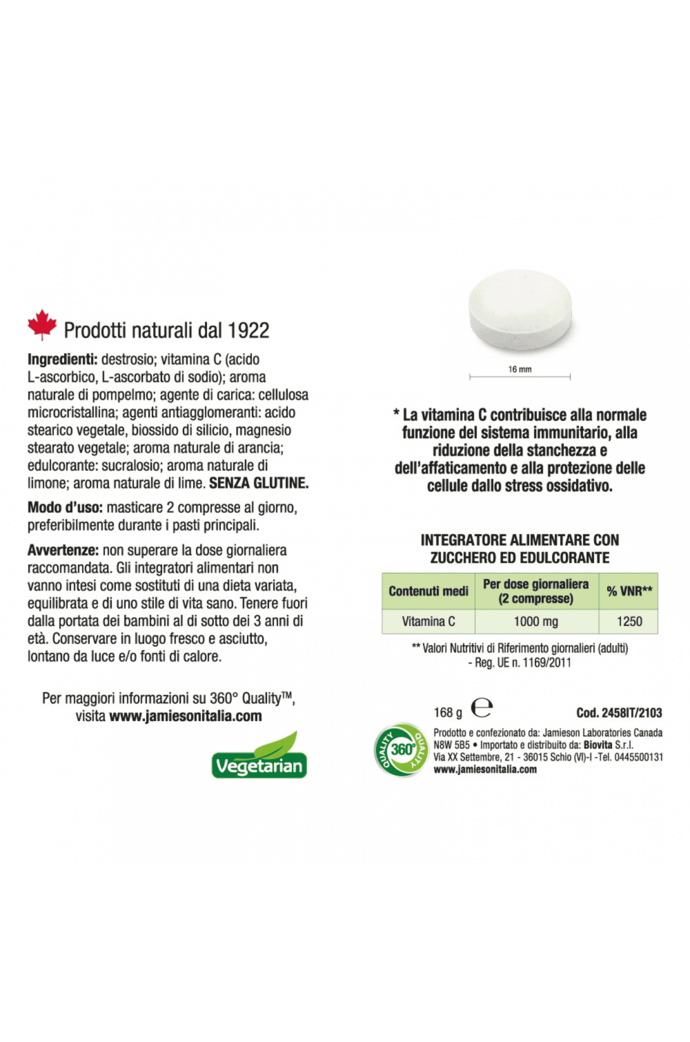 Jamieson Vitamina C 1000 mg 120 cpr Masticabile  Agrumi