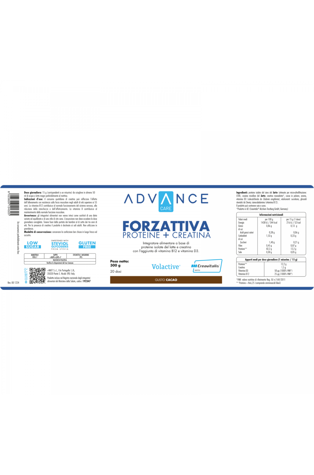 +Watt FORZATTIVA Proteine + Creatina Creavitalis 300 gr con Vitamina B12 e D3