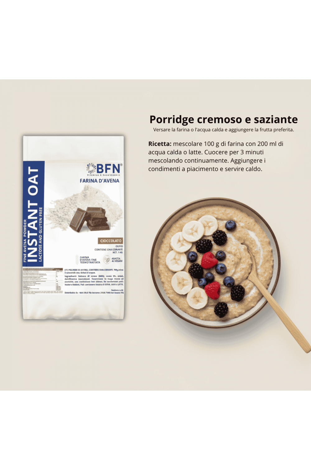 BFN Instant oat Farina d'avena proteica da 1000 gr gusto cioccolato