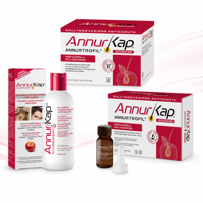 AnnurKap Advanced Anticaduta Capelli – 90 Capsule + Shampoo Coadiuvante 200 ml + 12 Fiale da 7 ml con AnnurtriComplex