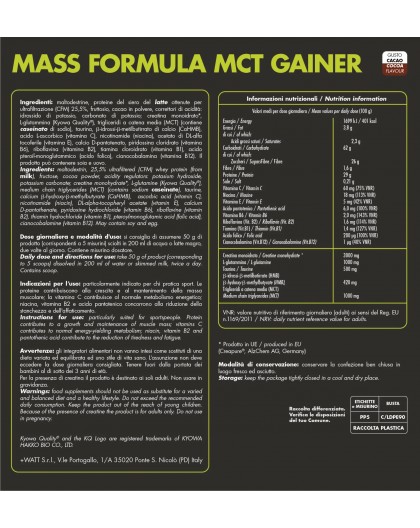 +Watt Mass Formula 907 gr. gainer di Proteine+BCAA+Creatina+Taurina+Glutammina