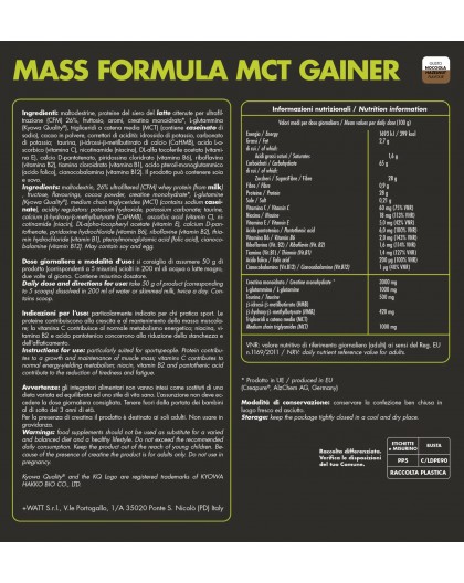 +Watt Mass Formula 907 gr. gainer di Proteine+BCAA+Creatina+Taurina+Glutammina